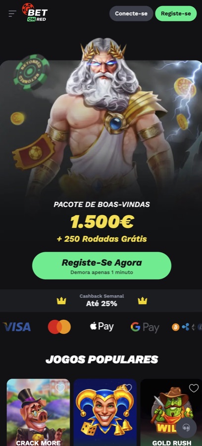 Casino BetOnRed no telemóvel — oferta de boas-vindas e jogo com um toque